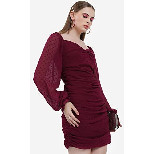 Ketch Women Polyester Modern Mini Casual Dress (Khj6000262_Burgandy, Maroon, Large