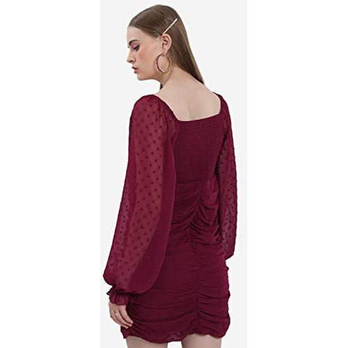 Ketch Women's Polyester Modern Mini Casual Dress (Khj6000262_Burgundy)