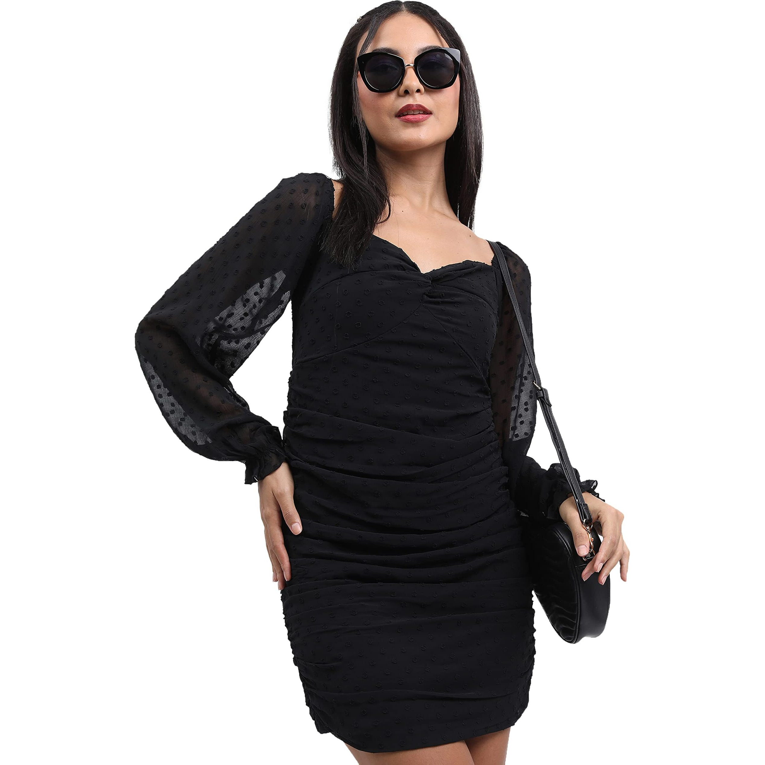 Ketch Polyester Womens 3/4 Sleeve Casual Fit Casual Dress Mini Khj6000263_Black, Medium