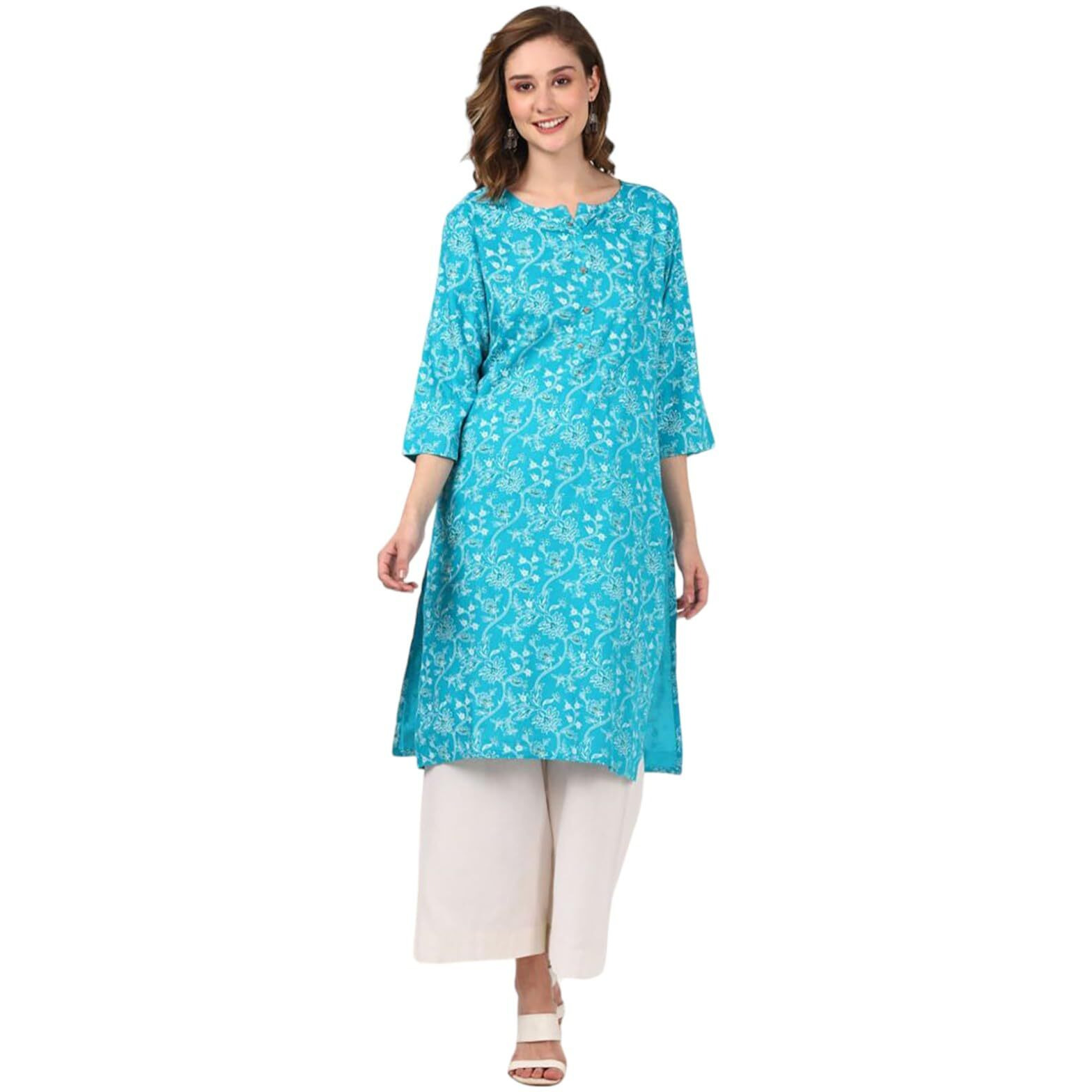 Rangita Turquoise Rayon Knee Length Printed Straight Kurti For Women | Kurta For Women_M