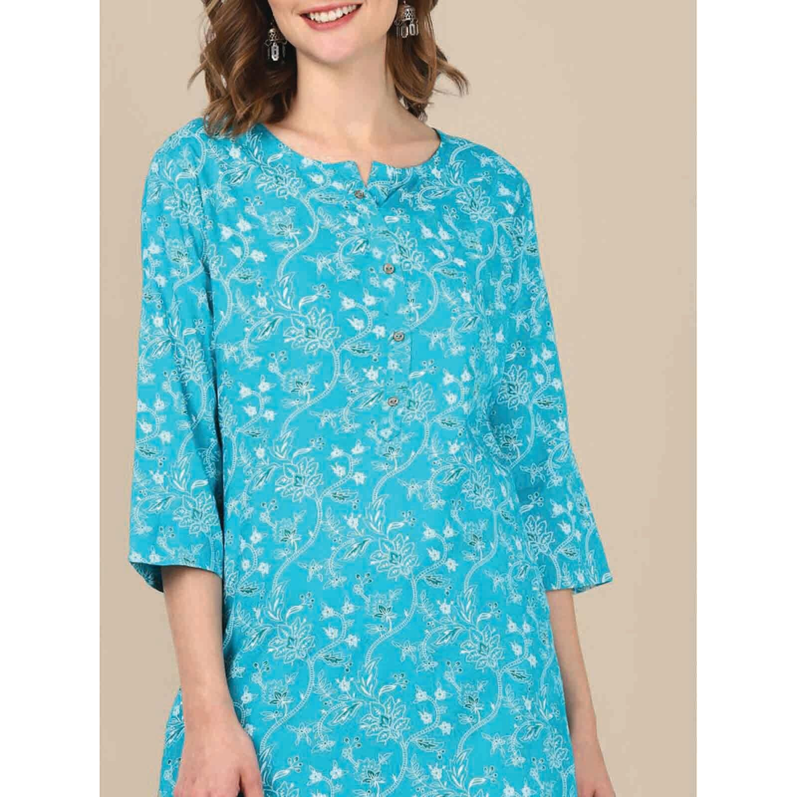 Rangita Turquoise Rayon Knee Length Printed Straight Kurti For Women | Kurta For Women_M