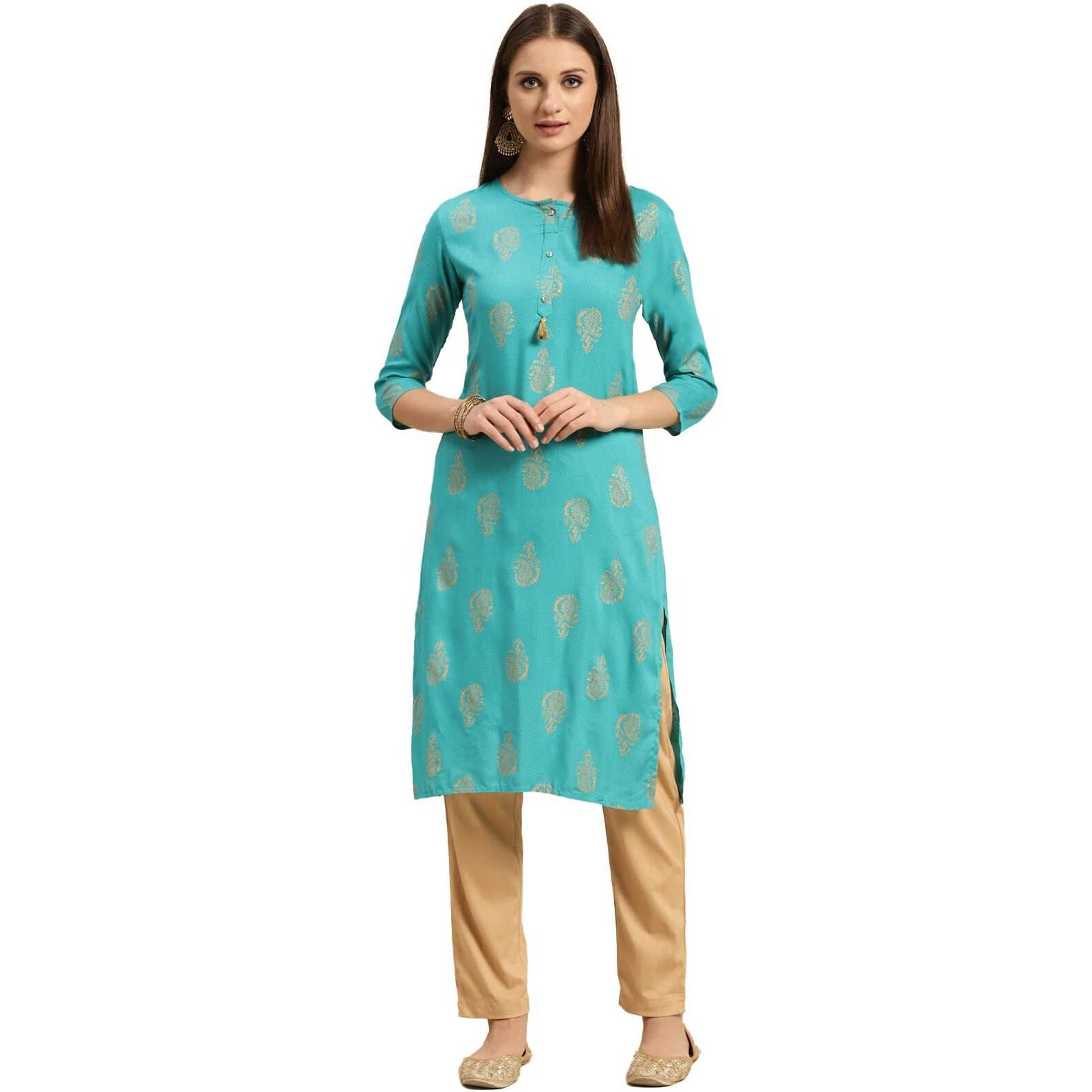 Rangita Turquoise Rayon Calf Length Printed Straight Kurti For Women | Kurta For Women_M