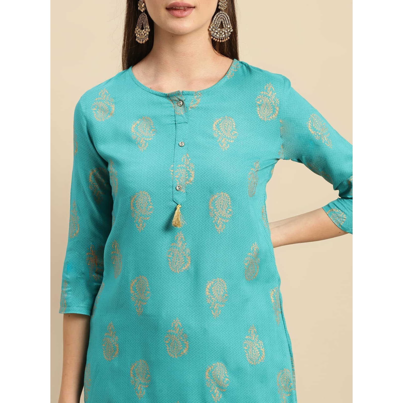 Rangita Turquoise Rayon Calf Length Printed Straight Kurti For Women | Kurta For Women_M