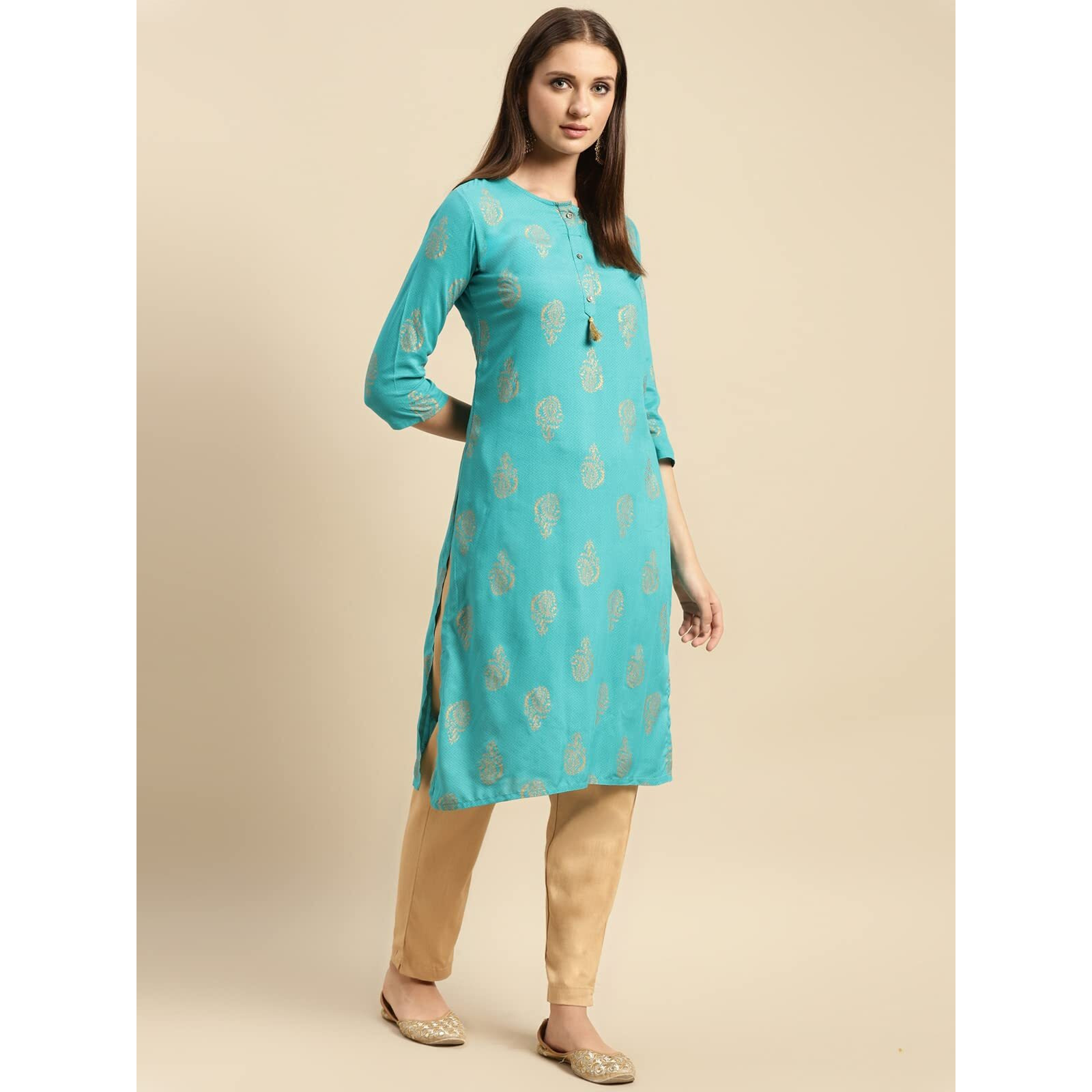 Rangita Turquoise Rayon Calf Length Printed Straight Kurti For Women | Kurta For Women_M