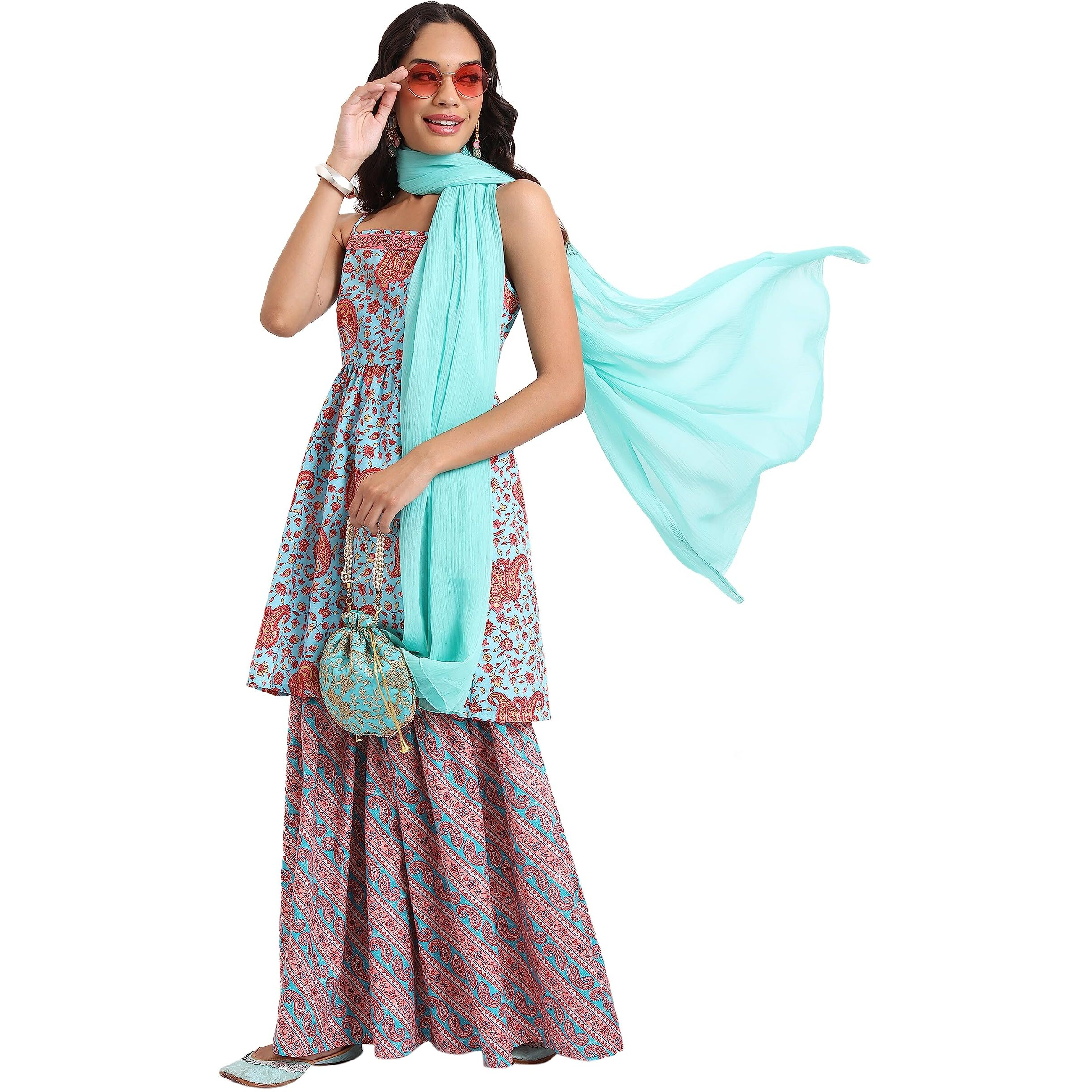 Ketch Women's Polyester Ethnic Set (Khk3000729_Aqua Coral_Xl)