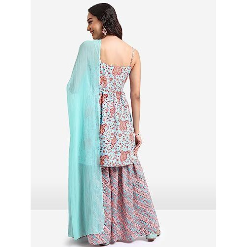 Ketch Women's Polyester Ethnic Set (Khk3000729_Aqua Coral_Xl)