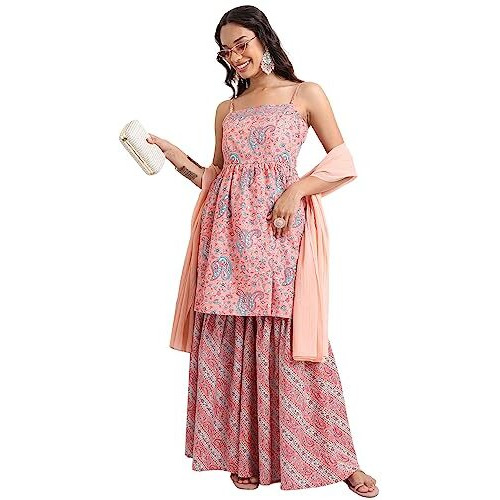 Ketch Women's Polyester Ethnic Set (Khk3000730_Peach/Aqua_L)