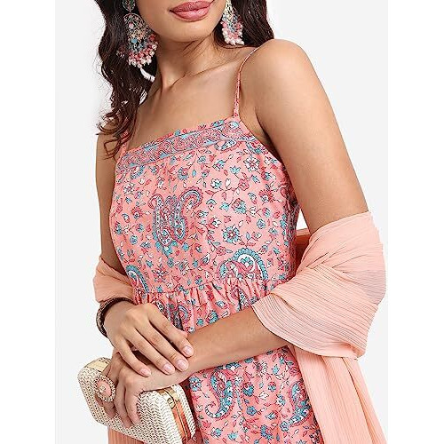 Ketch Women's Polyester Ethnic Set (Khk3000730_Peach/Aqua_L)
