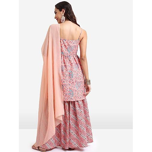 Ketch Women's Polyester Ethnic Set (Khk3000730_Peach/Aqua_L)