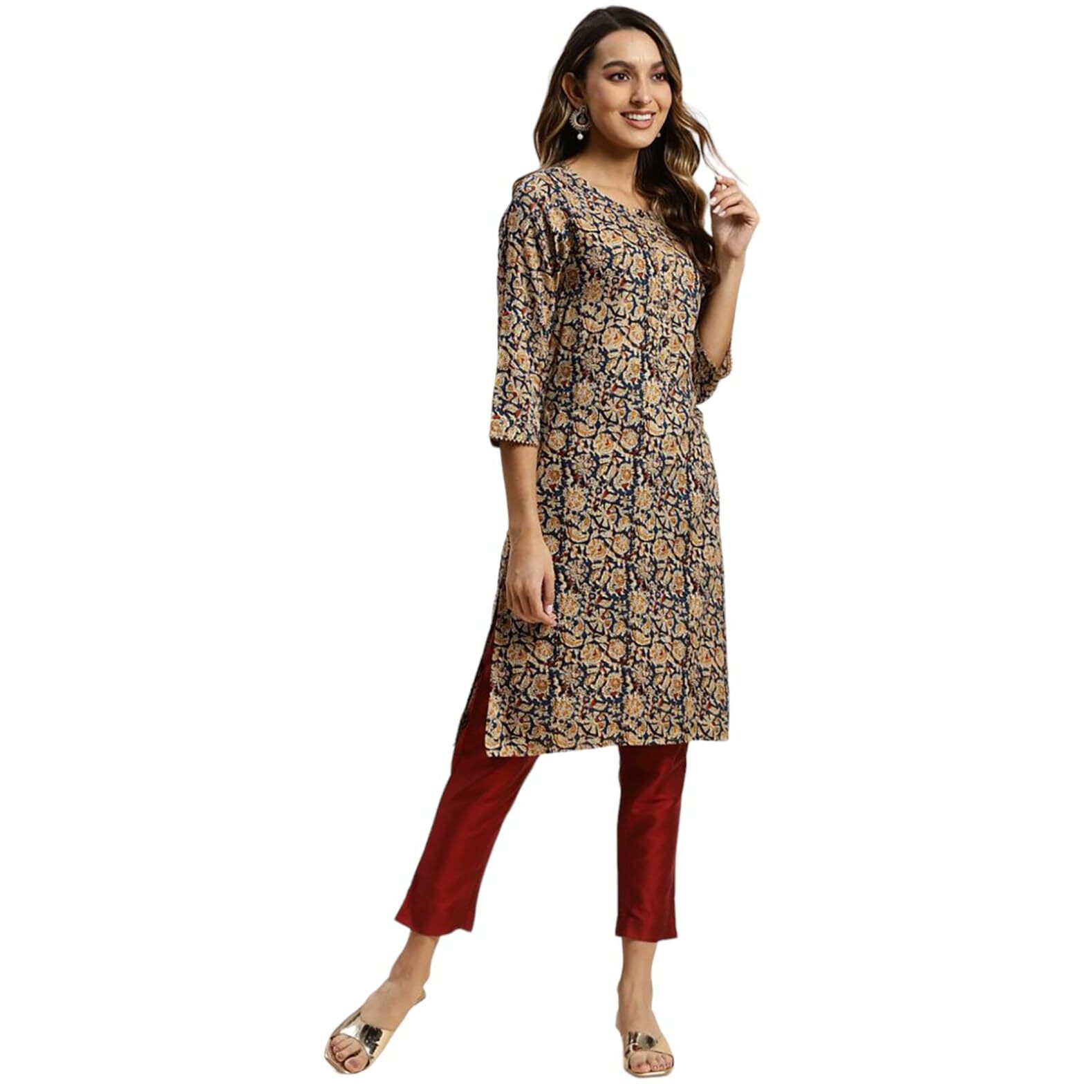 Rangita Navy Rayon Knee Length Printed Straight Kurti For Women | Kurta For Women_L