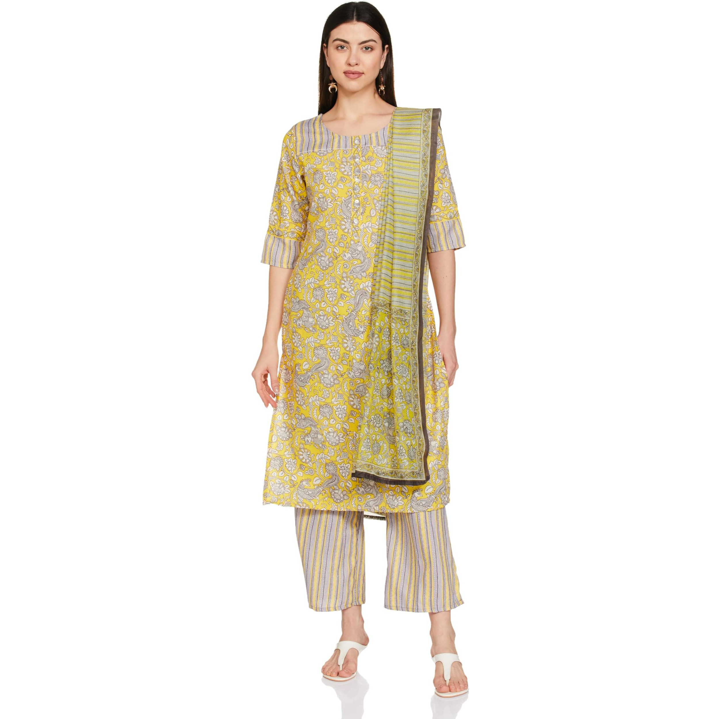 Ketch Women's Polyester Kurta&Duppata&Palazzo (Khk3000733_Yellow/Grey