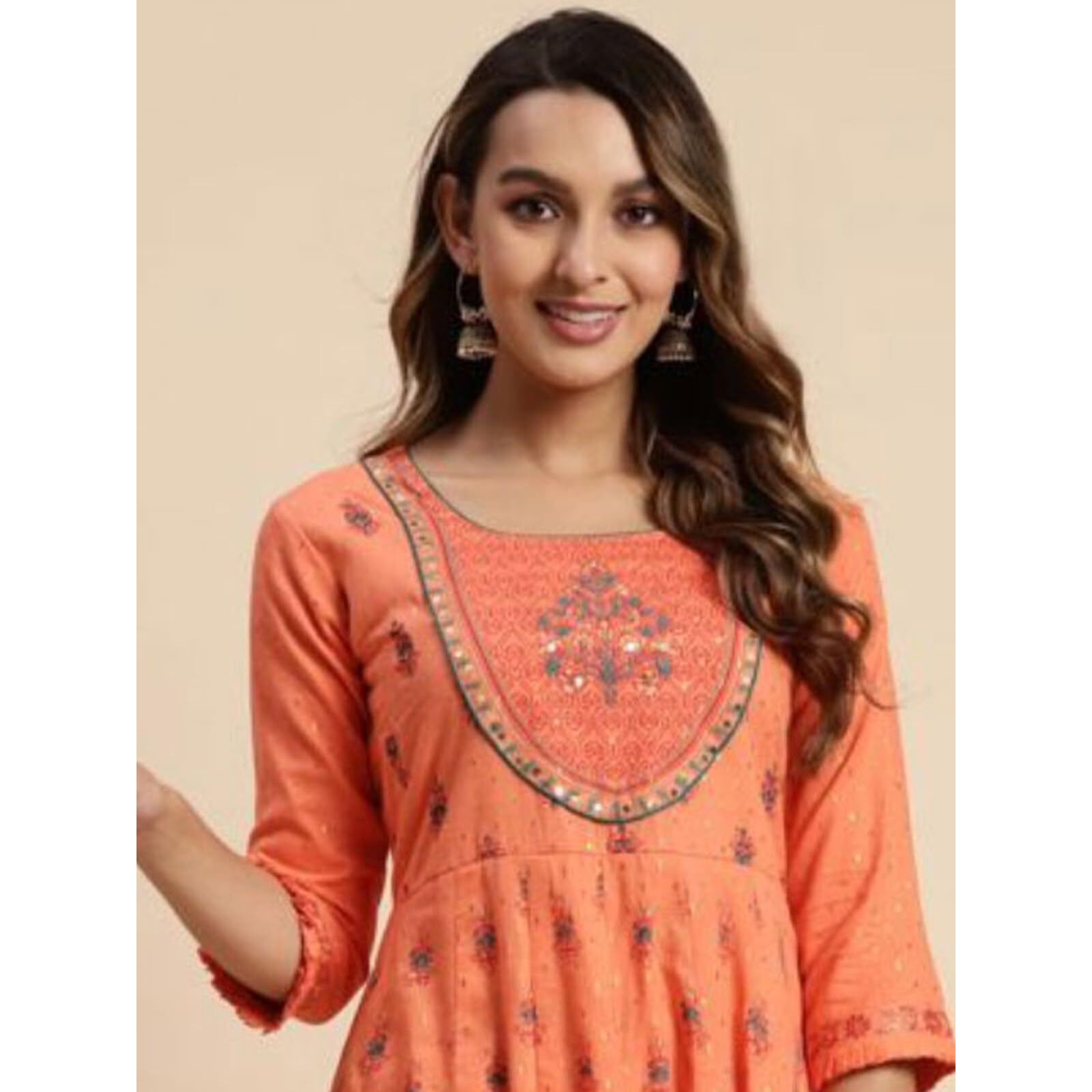 Rangita Orange Cotton Calf Length Embroidered Flared Kurti For Women | Kurta For Women_S