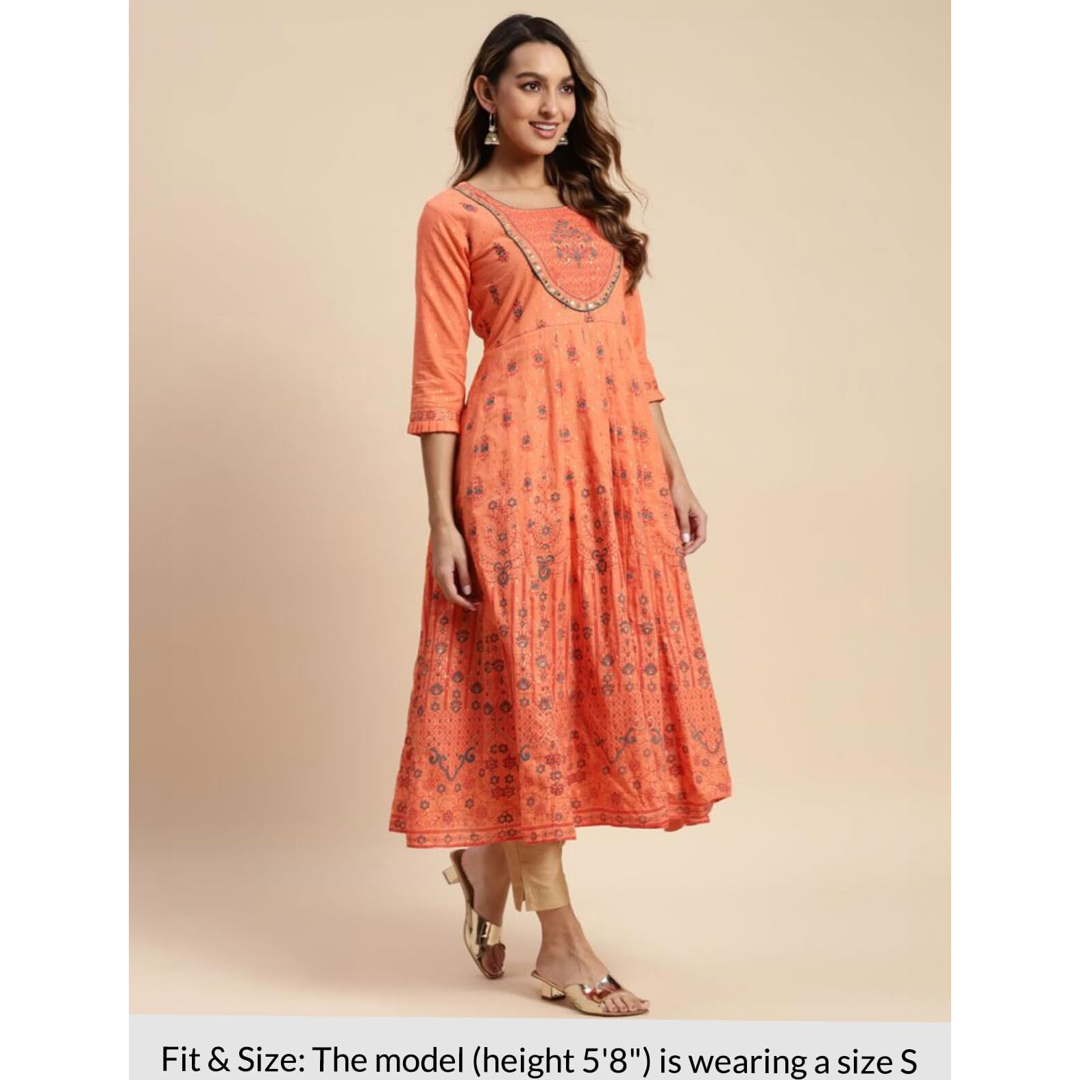 Rangita Orange Cotton Calf Length Embroidered Flared Kurti For Women | Kurta For Women_S