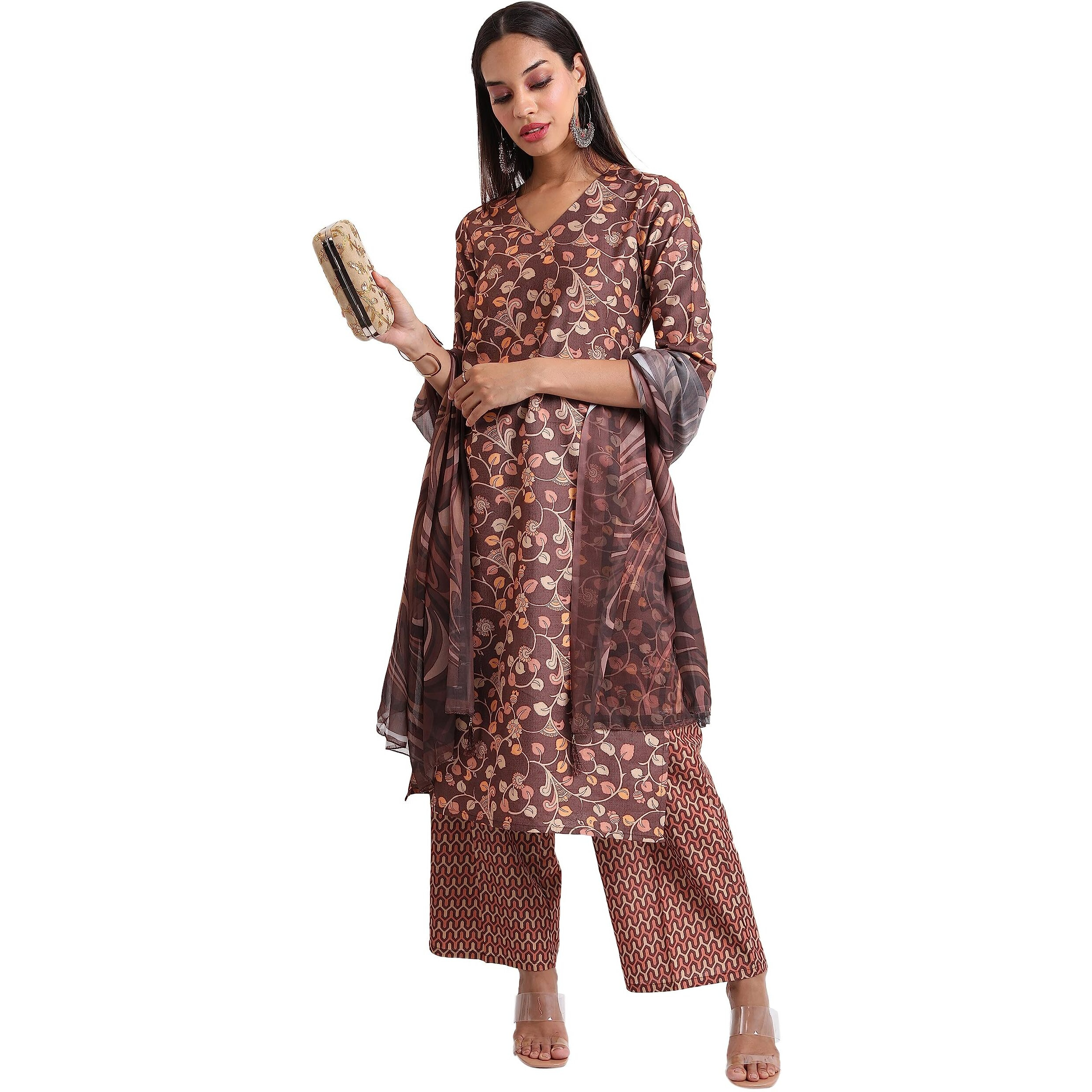 Ketch Women's Polyester Ethnic Set (Khk3000735_Brown_Xl)