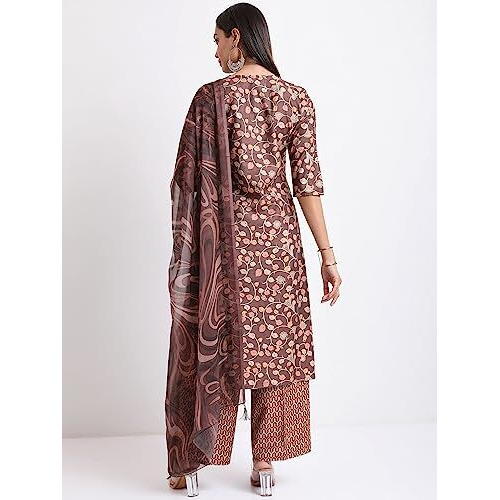 Ketch Women's Polyester Ethnic Set (Khk3000735_Brown_Xl)