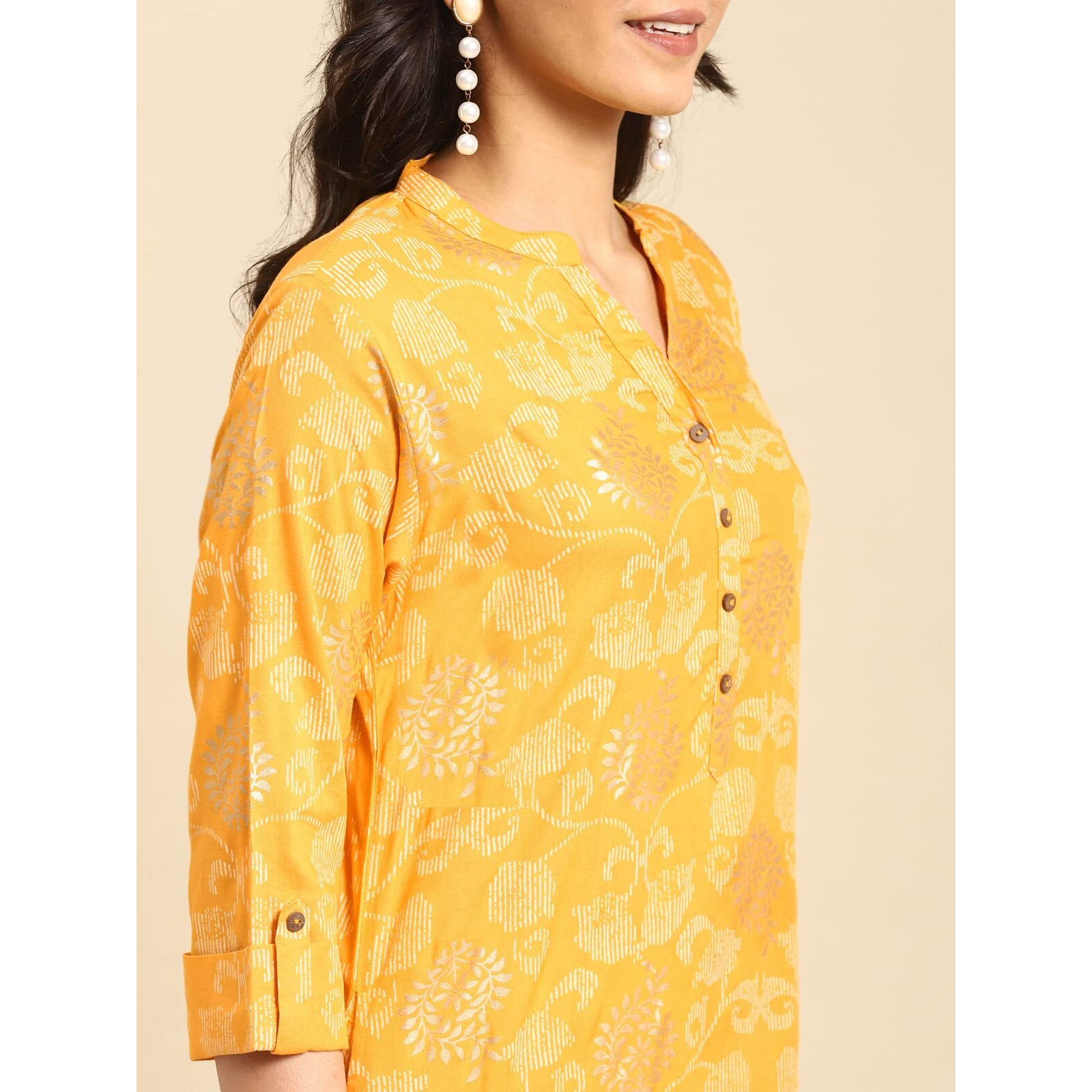 Rangita Women Rayon Yellow Gold Printed Calf Length Straight Kurti_8905723160074