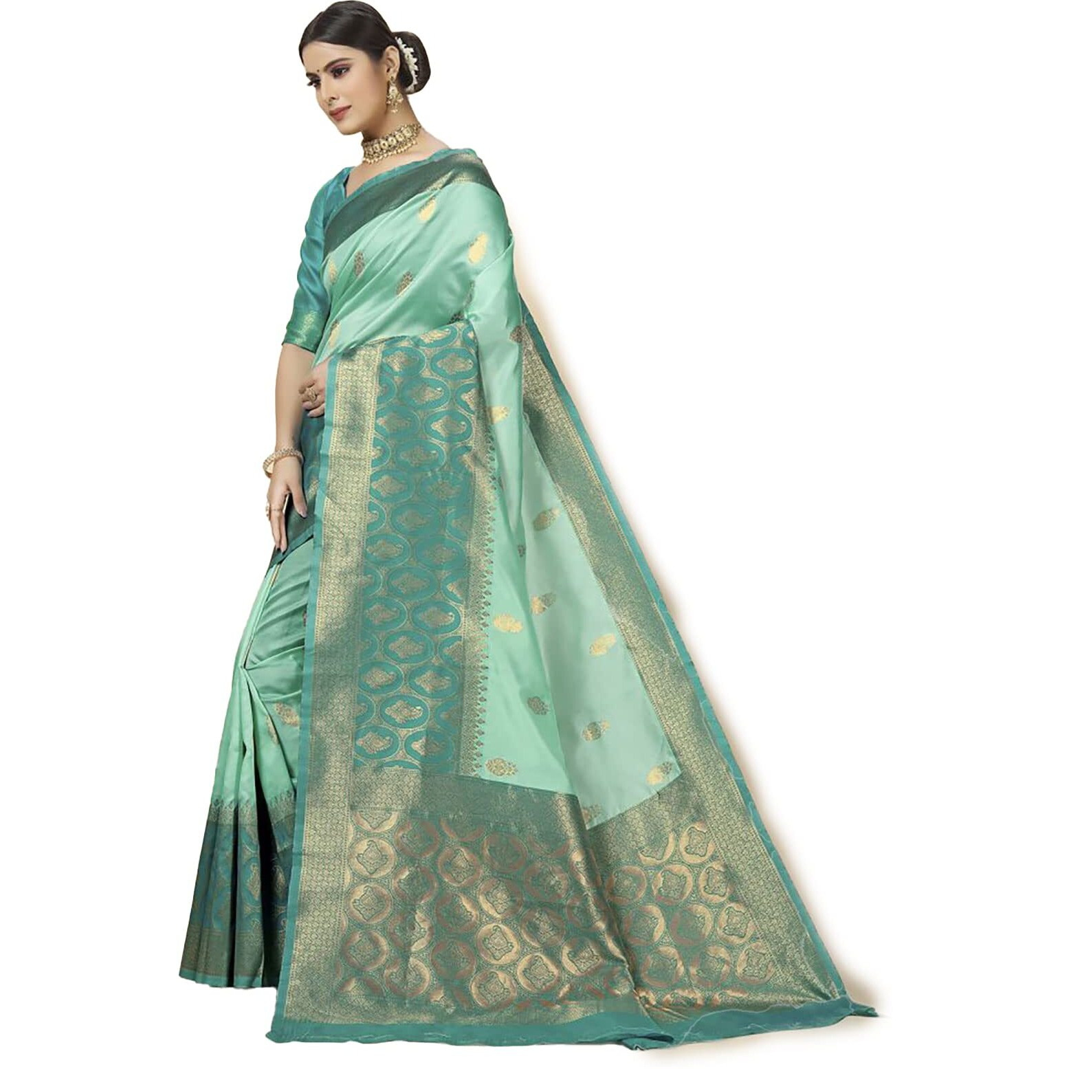 Rangita Women Banarasi Silk Jacquard Saree With Blouse Piece - Mint Green (Size 5.5 Mtr)
