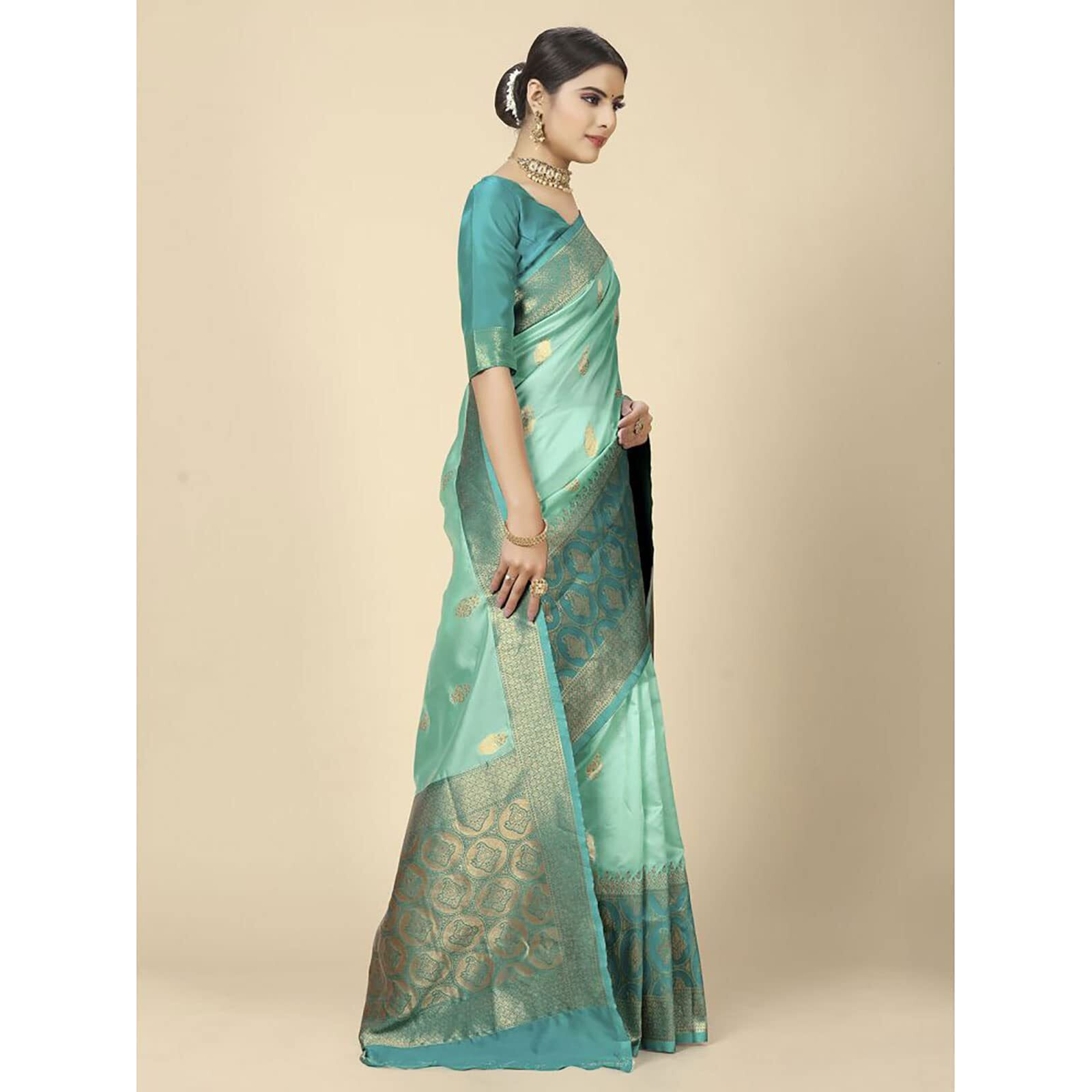 Rangita Women Banarasi Silk Jacquard Saree With Blouse Piece - Mint Green (Size 5.5 Mtr)