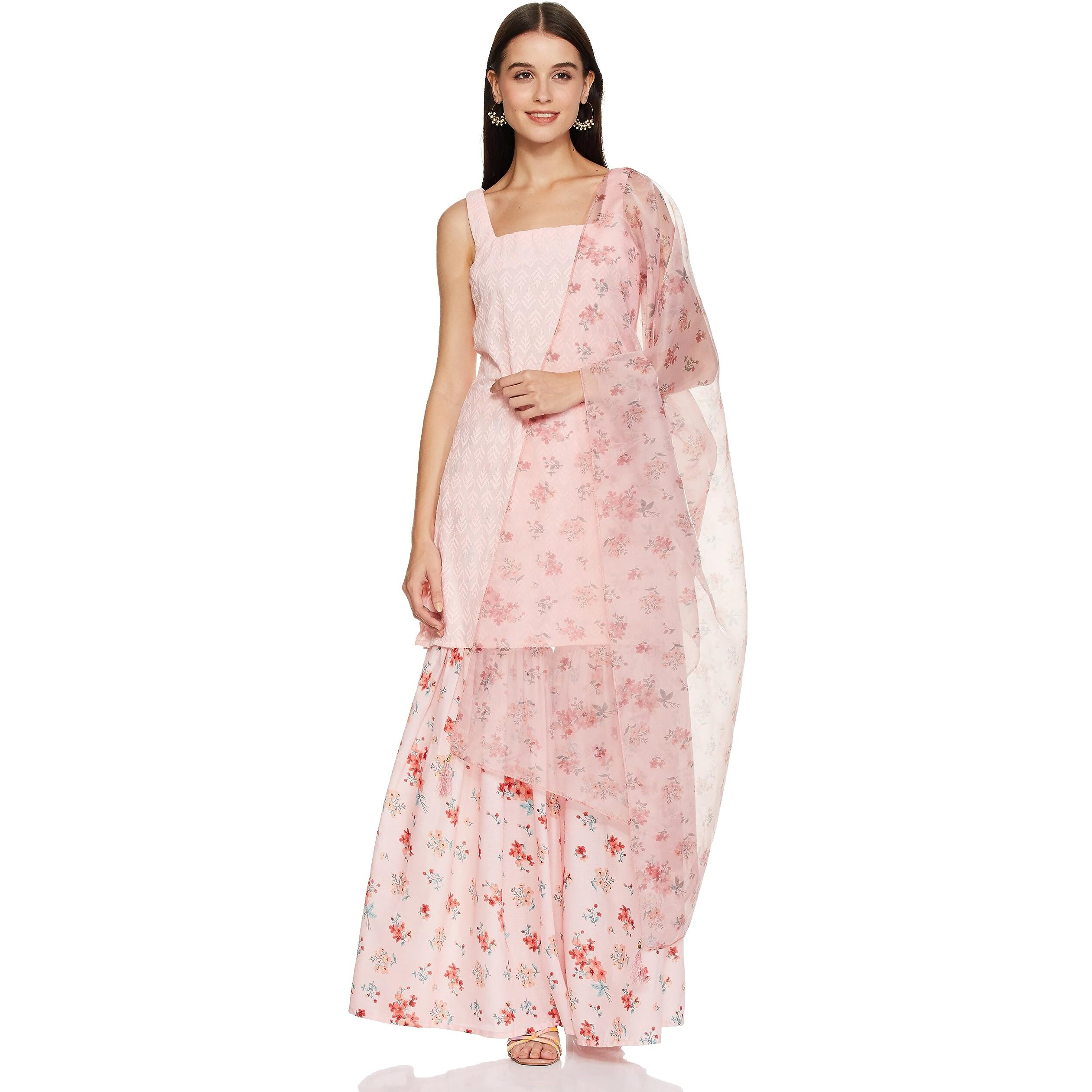 Ketch Women's Polycotton Tunic Sharara And Dupatta (Khk3000753_Pink
