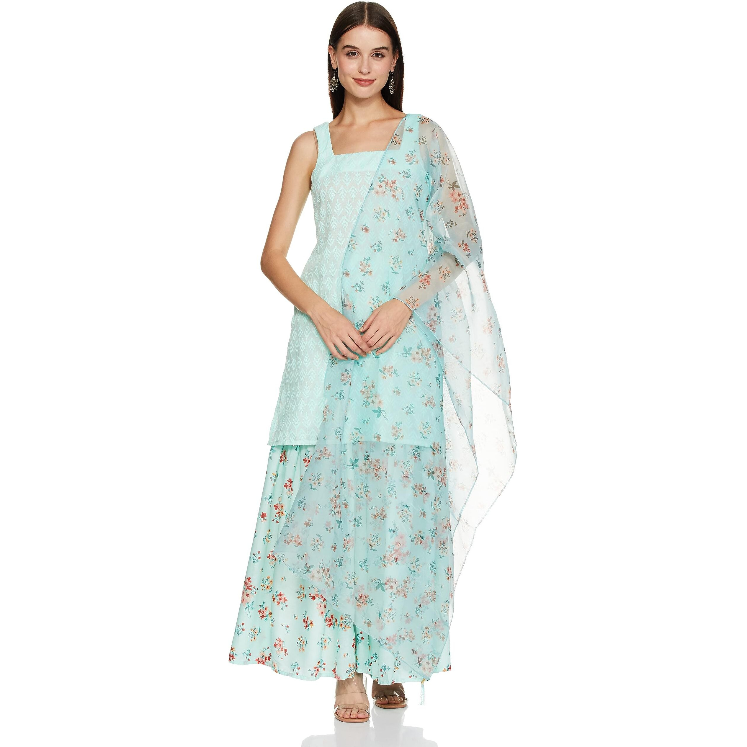 Ketch Women's Polycotton Tunic Sharara And Dupatta (Khk3000754_Aqua