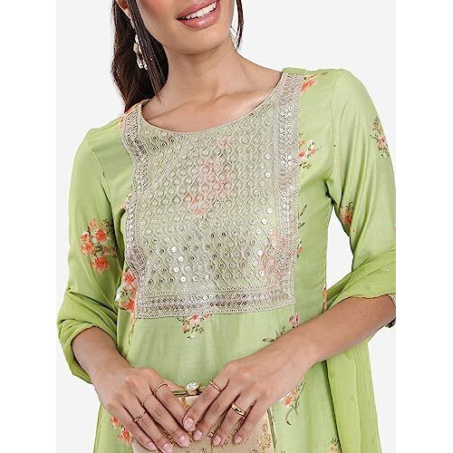 Ketch Women's Polyester Blend Ethnic Set (Khk3000757_Green_L)