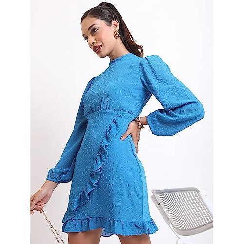 Ketch Polyester Womens Western Casual Fit Dress Standard Length (Khj6000283_Blue_M)