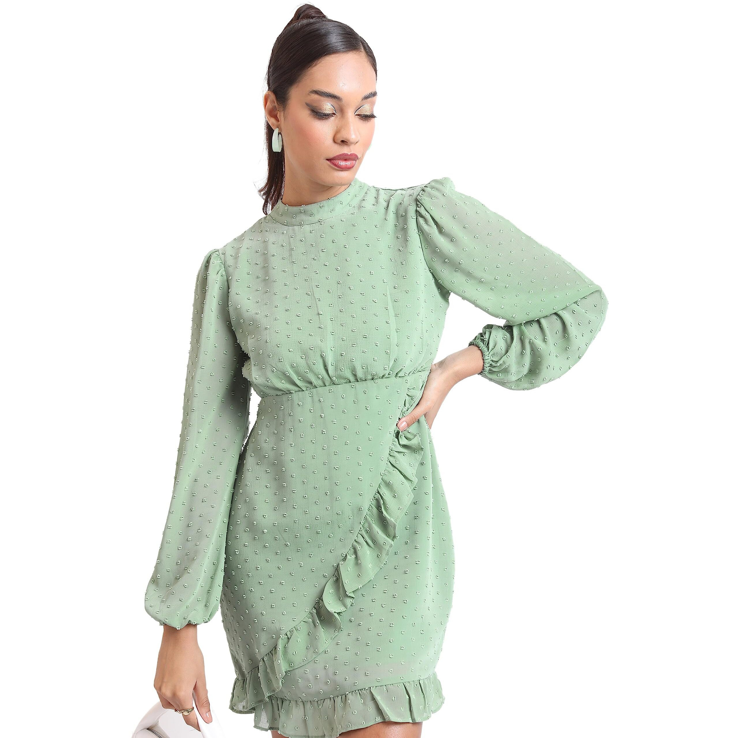 Ketch Polyester Womens Western Casual Fit Dress Standard Length (Khj6000284_Green_S)