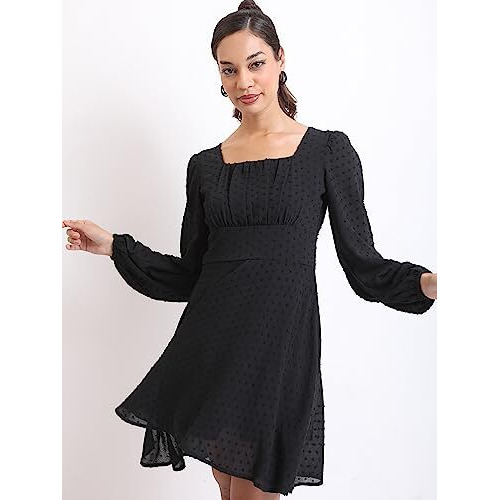 Ketch Polyester Womens Western Casual Fit Dress Standard Length (Khj6000287_Black_M)
