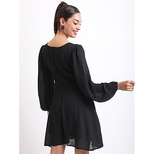 Ketch Polyester Womens Western Casual Fit Dress Standard Length (Khj6000287_Black_M)