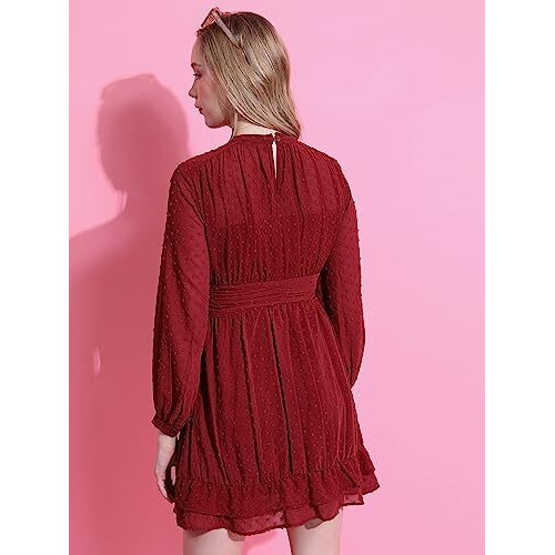 Ketch Polyester Womens Western Casual Fit Dress Standard Length (Khj6000289_Maroon_M)