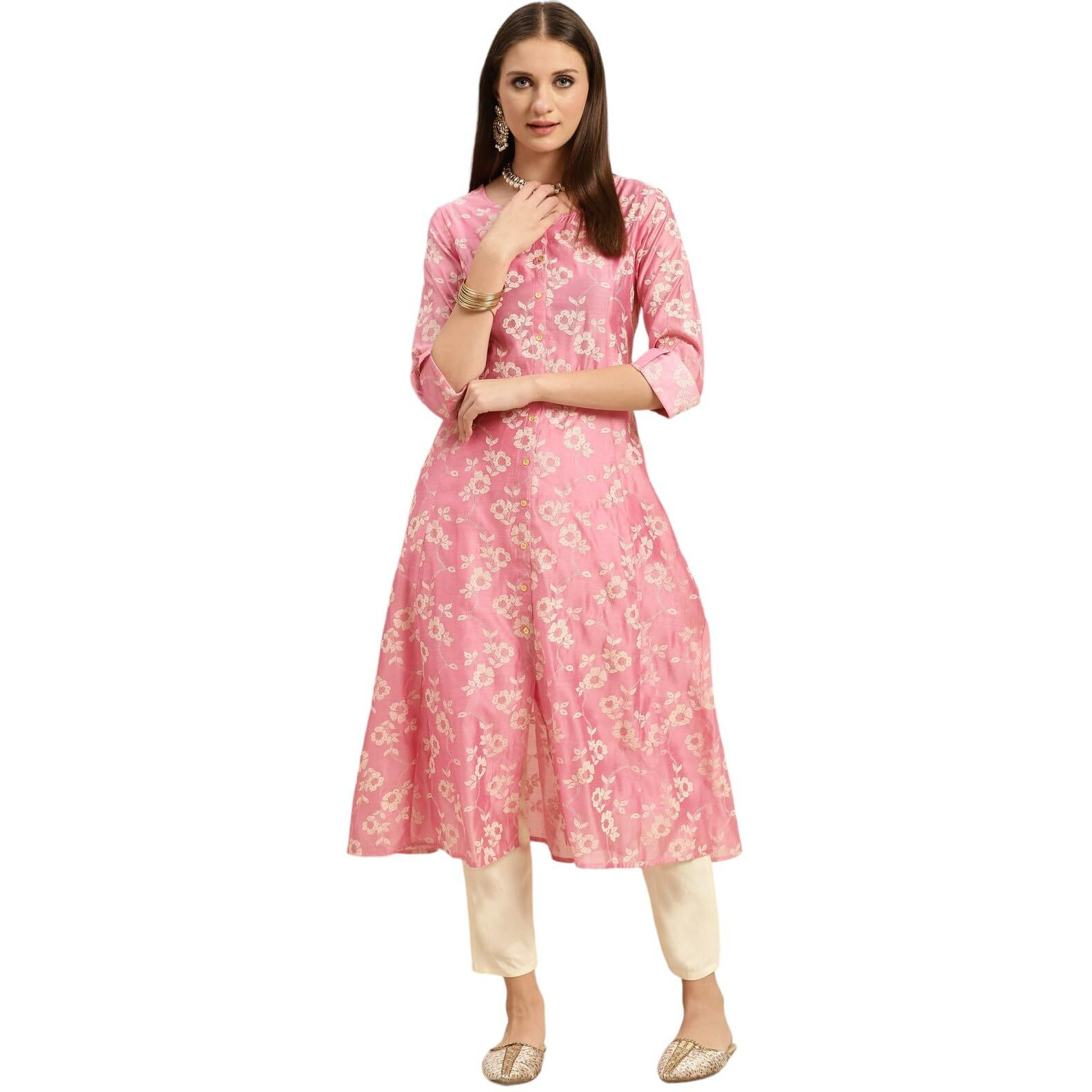 Rangita Pink Chanderi Calf Length Printed Flared Kurti For Women | Kurta For Women_M
