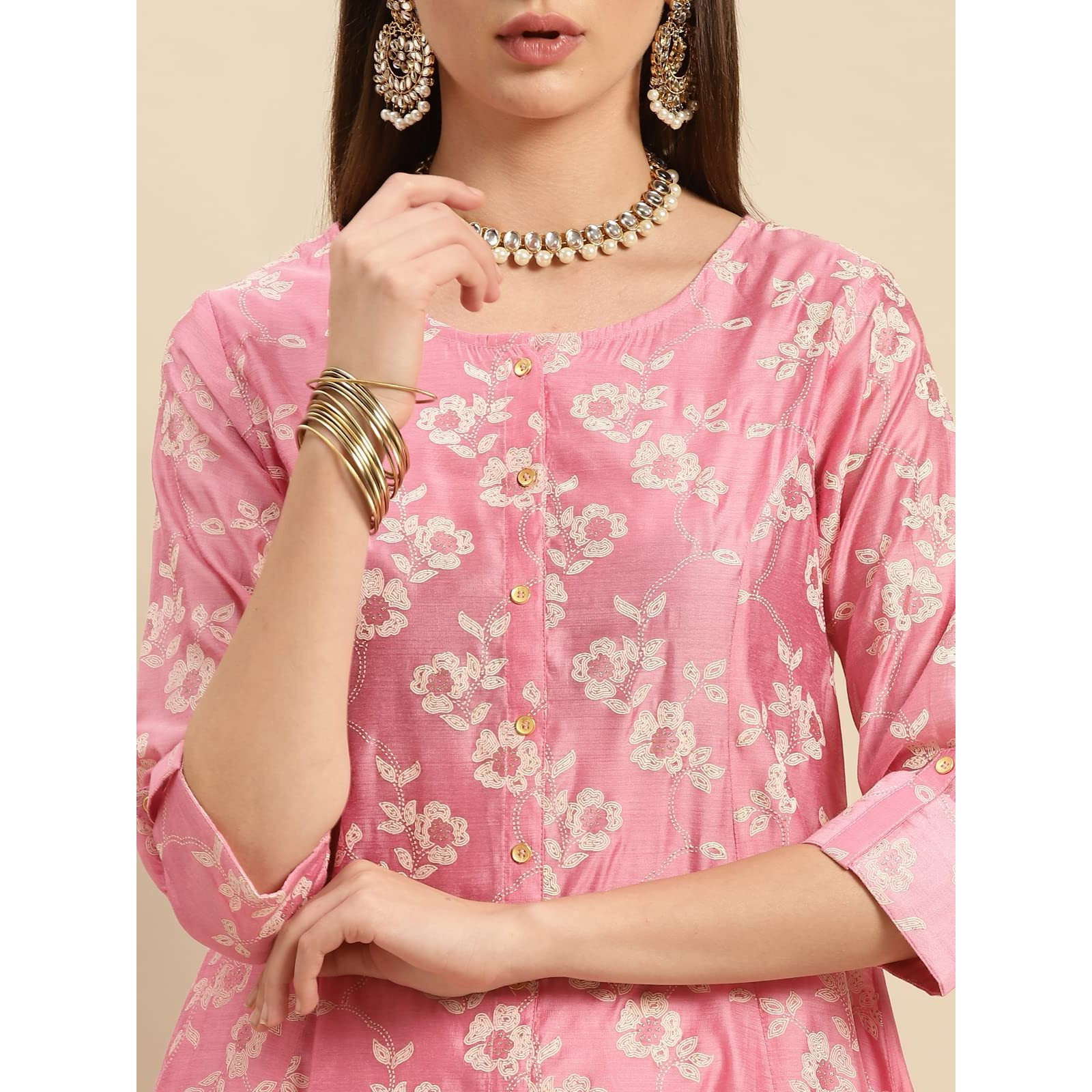 Rangita Pink Chanderi Calf Length Printed Flared Kurti For Women | Kurta For Women_M