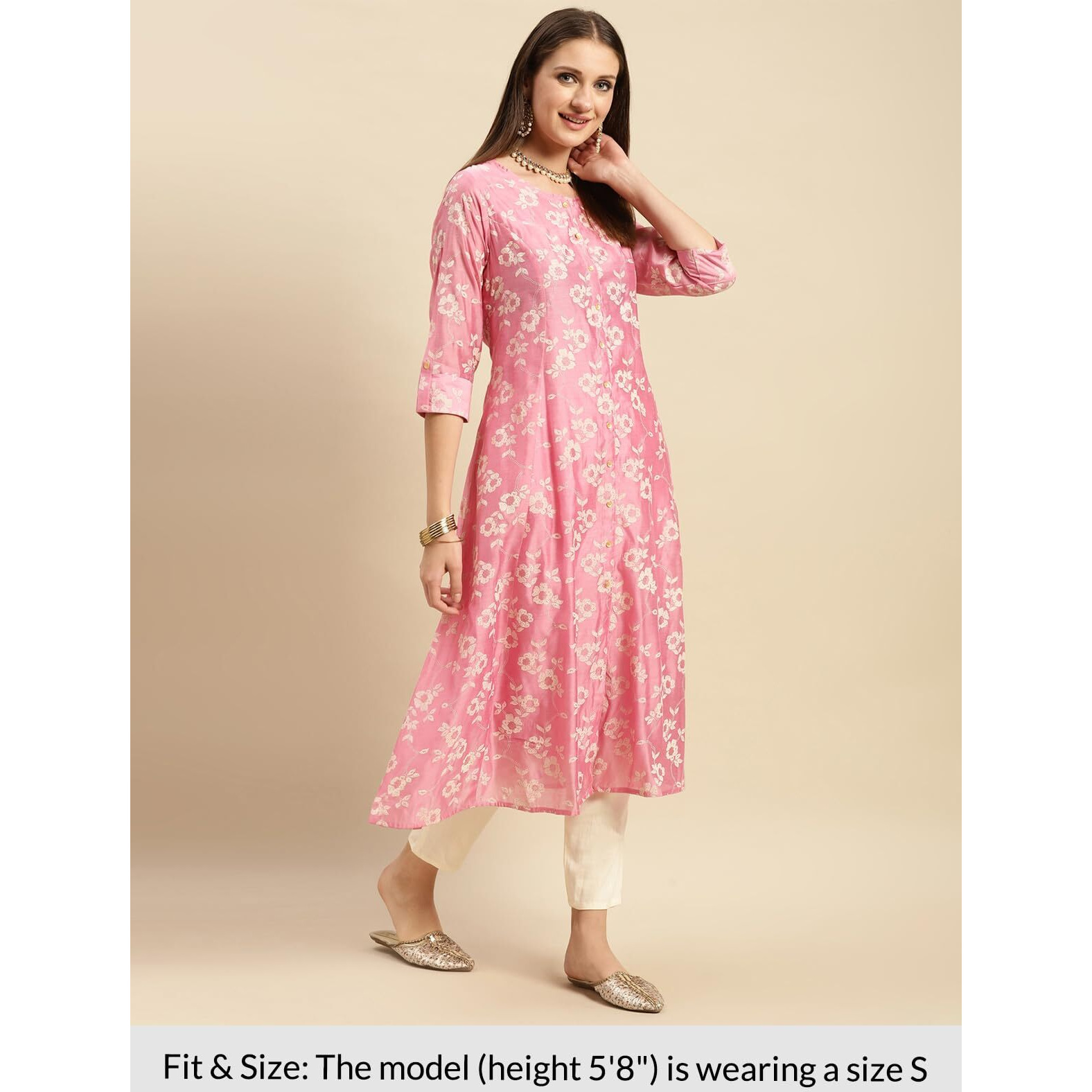 Rangita Pink Chanderi Calf Length Printed Flared Kurti For Women | Kurta For Women_M