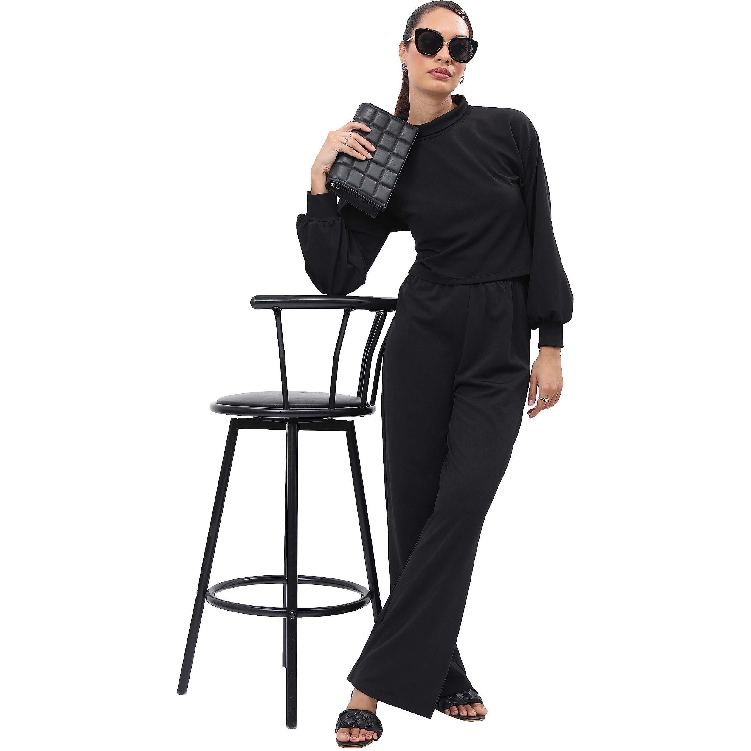 Ketch Polyester Blend Women Fashion Wear Casual Fit Co-Ord Set Standard Length Playwear Dress (Khce000076_Black_S)