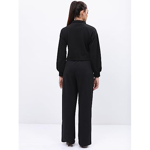 Ketch Polyester Blend Women Fashion Wear Casual Fit Co-Ord Set Standard Length Playwear Dress (Khce000076_Black_S)