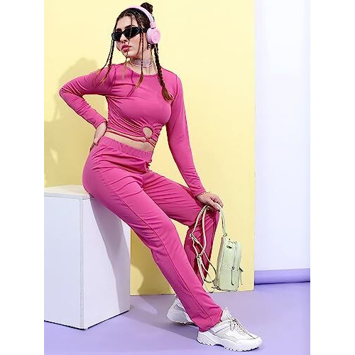 Ketch Polyester Blend Women Fashion Wear Casual Fit Co-Ord Set Standard Length Playwear Dress (Khce000079_Pink_M)