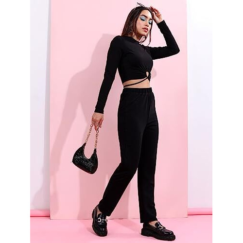 Ketch Polyester Blend Women Fashion Wear Casual Fit Co-Ord Set Standard Length Playwear Dress (Khce000080_Black_L)