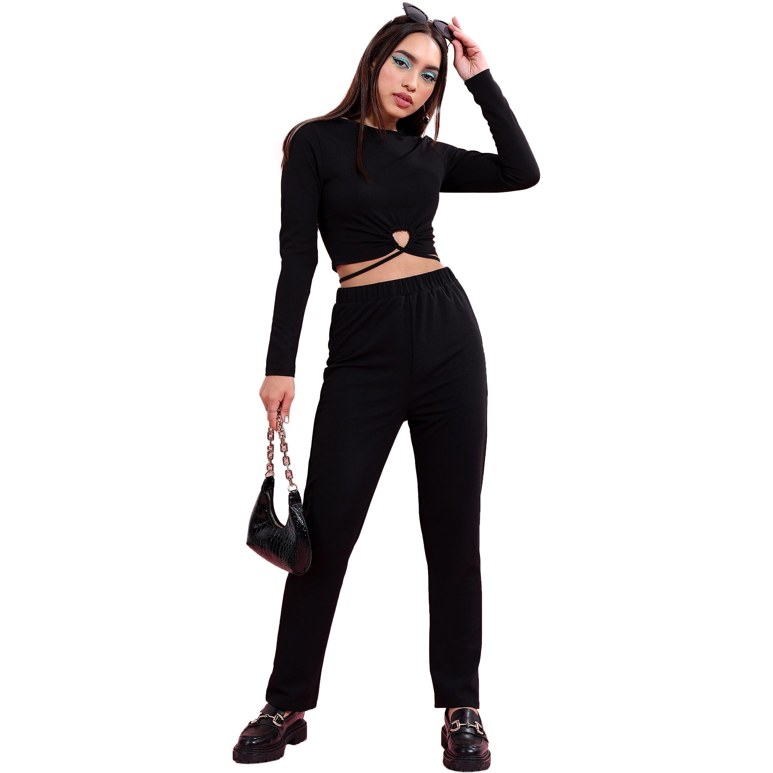 Ketch Women Polyester Blend Solid Fashion Wear Casual Fit Co-Ord Set Standard Length Playwear Dress (Khce000080_Black_M)