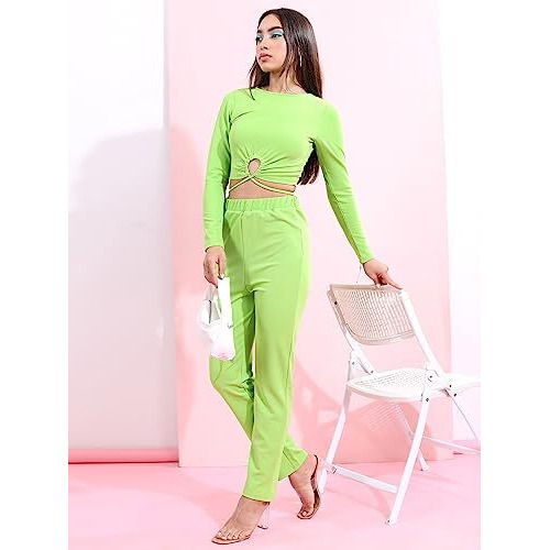 Ketch Polyester Blend Women Fashion Wear Casual Fit Co-Ord Set Standard Length Playwear Dress (Khce000081_Lime Green_M)