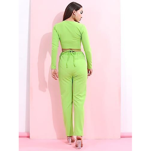 Ketch Polyester Blend Women Fashion Wear Casual Fit Co-Ord Set Standard Length Playwear Dress (Khce000081_Lime Green_M)