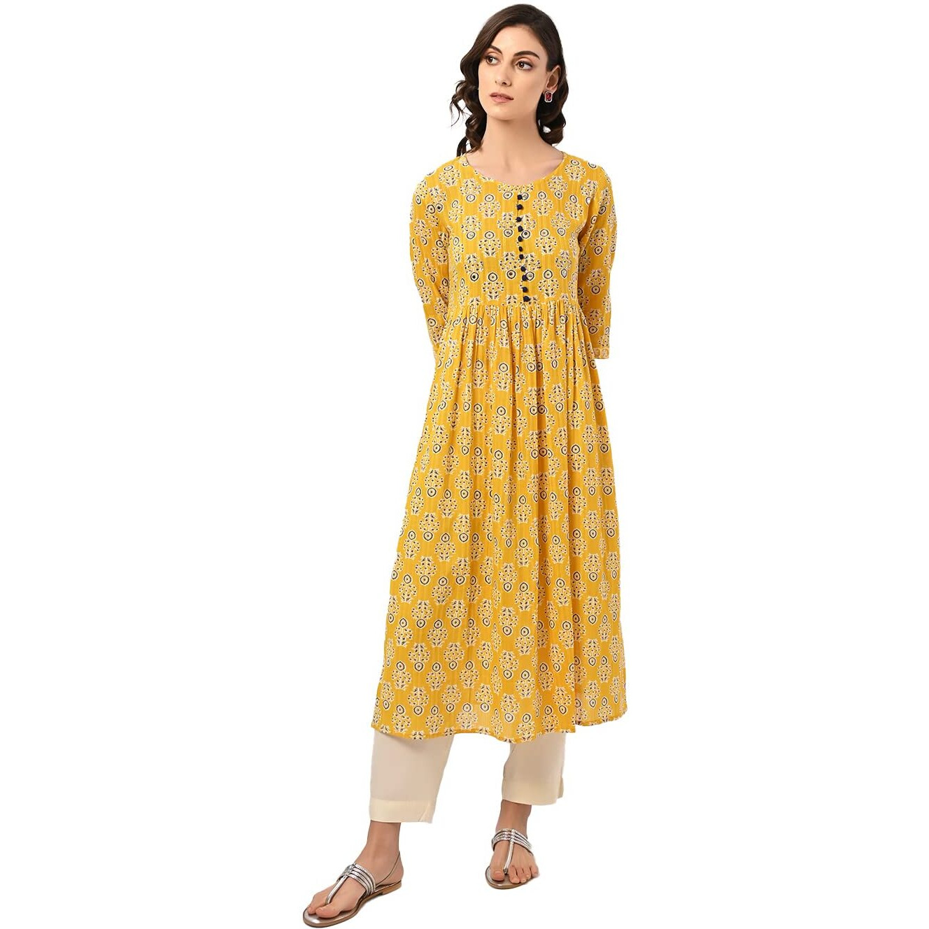 Rangita Yellow Cotton Calf Length Printed Flared Kurti For Women | Kurta For Women_2Xl