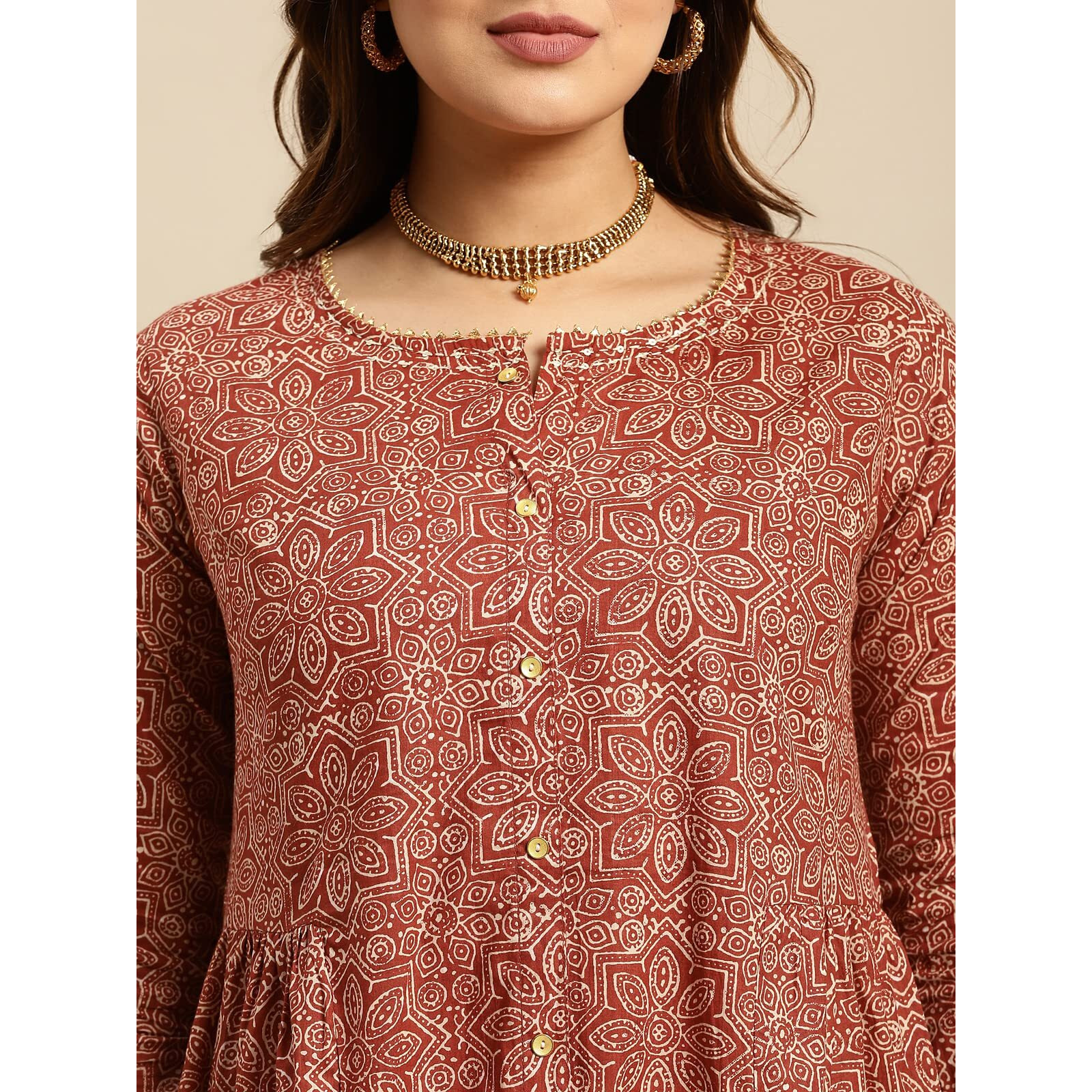 Rangita Rust Cotton Calf Length Printed Tiered Flared Kurti For Women | Kurta For Women_3Xl