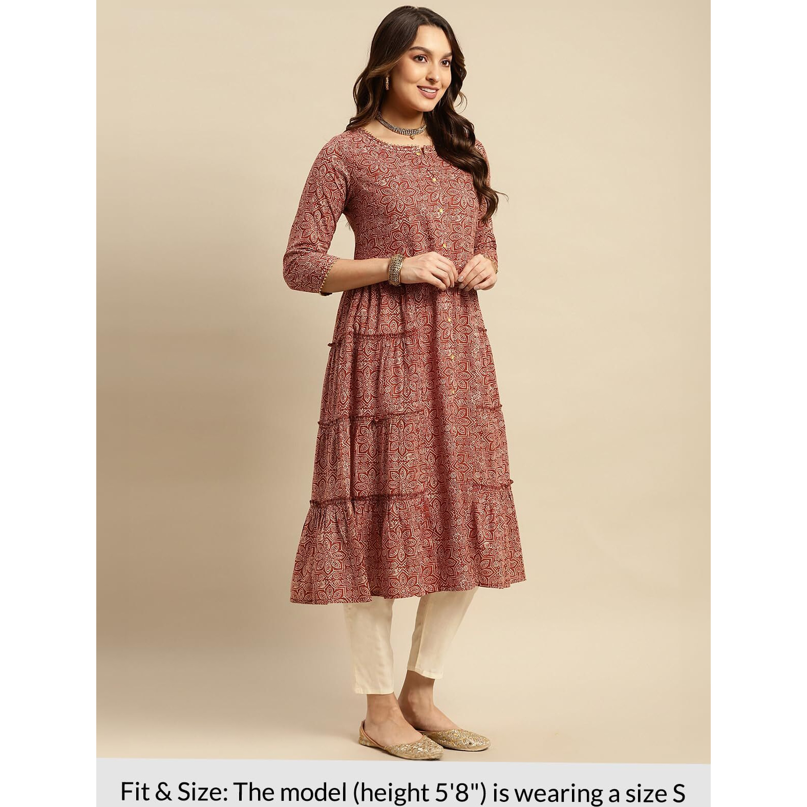 Rangita Rust Cotton Calf Length Printed Tiered Flared Kurti For Women | Kurta For Women_3Xl