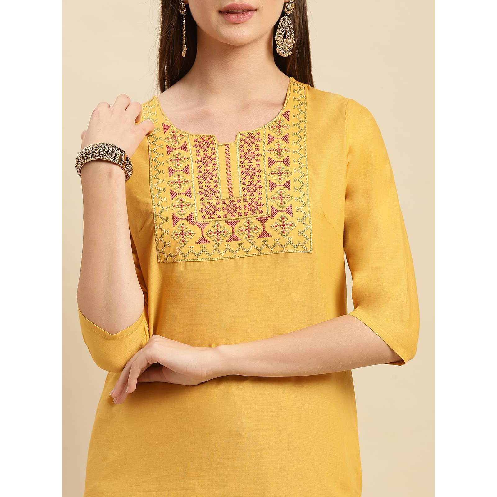 Rangita Women 100% Cotton Yellow Yoke Zari Embroidered Knee Length Straight Kurti_8905723192822