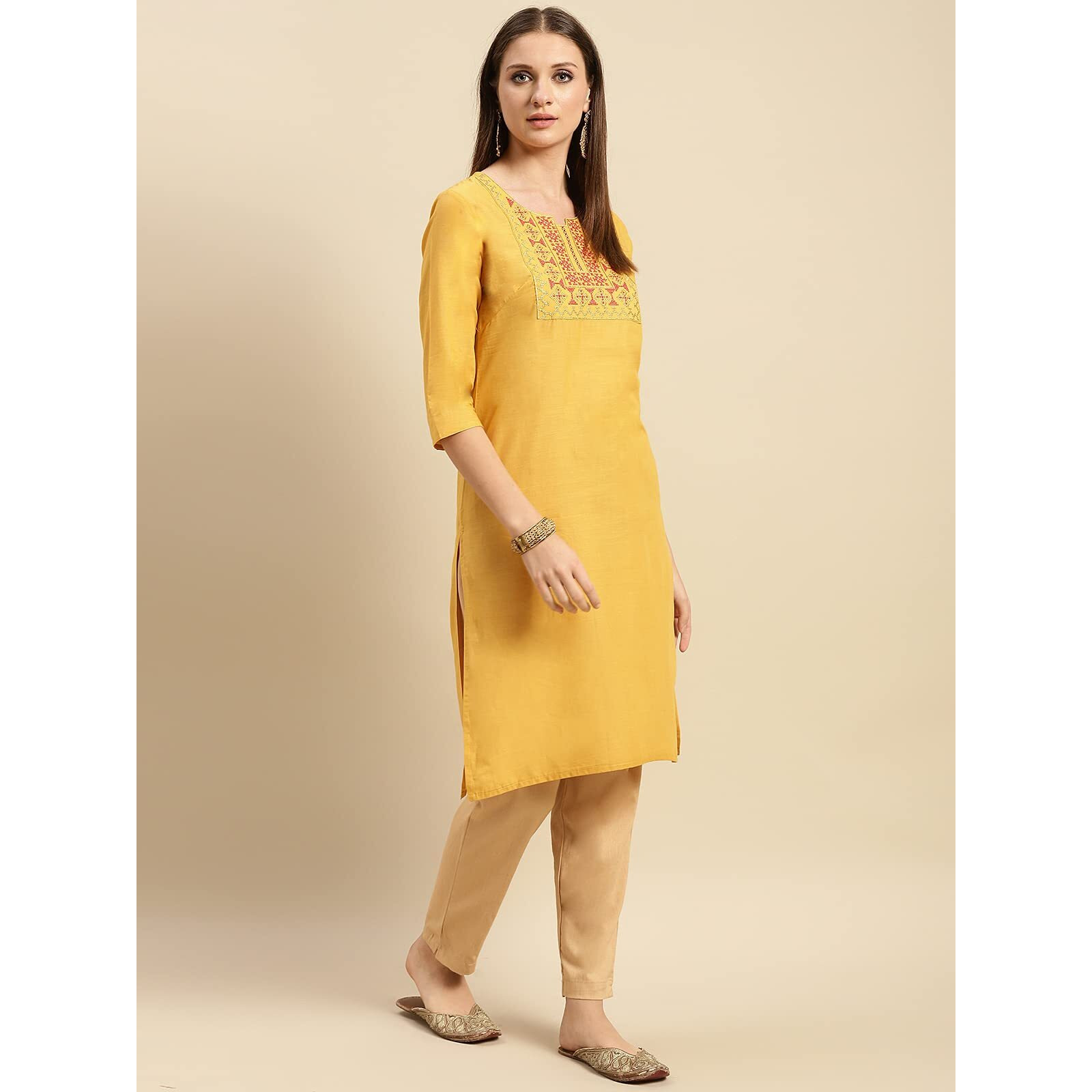 Rangita Women 100% Cotton Yellow Yoke Zari Embroidered Knee Length Straight Kurti_8905723192822