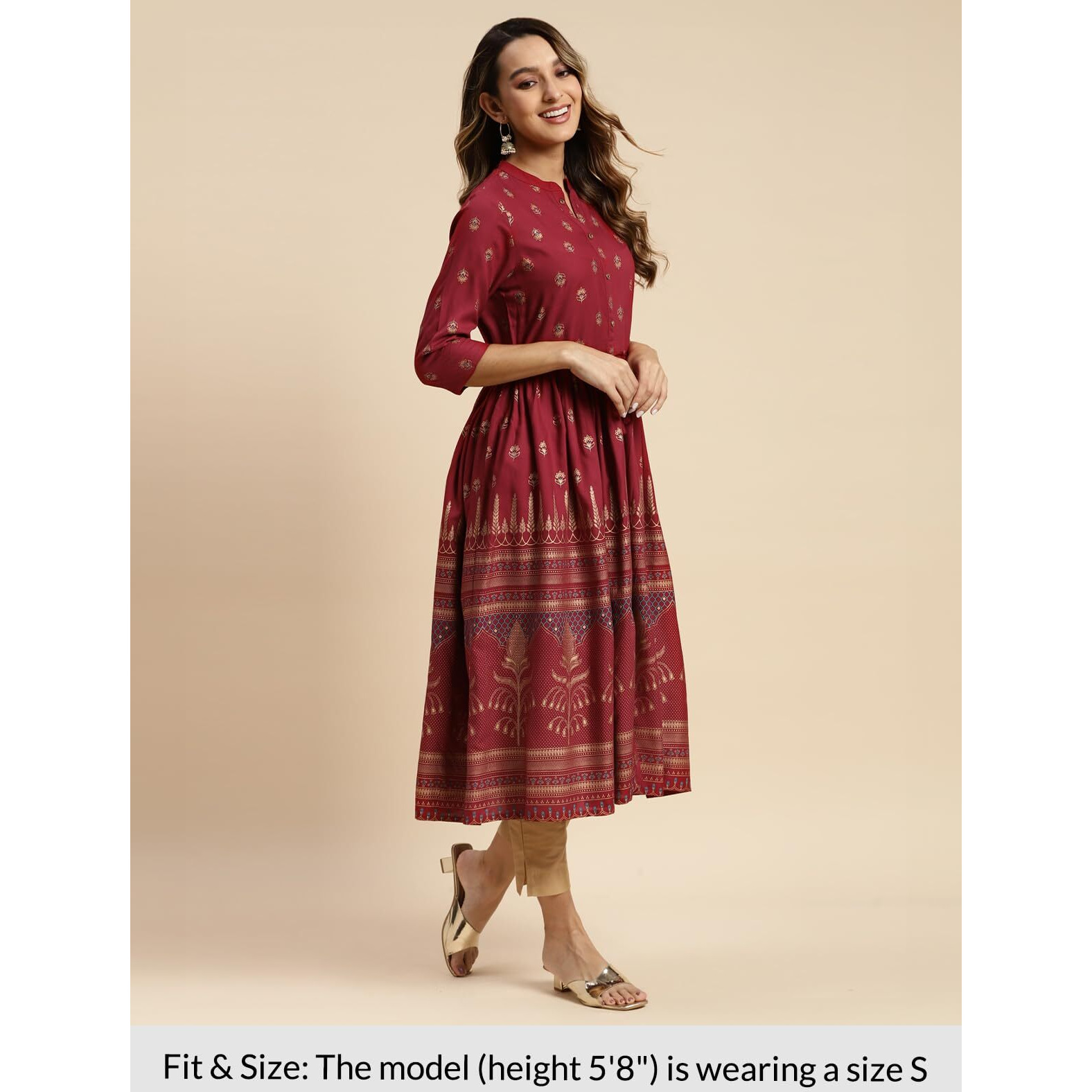 Rangita Women Rayon Maroon Gold Printed Calf Length Kurti Gathered At Waist_8905723194567