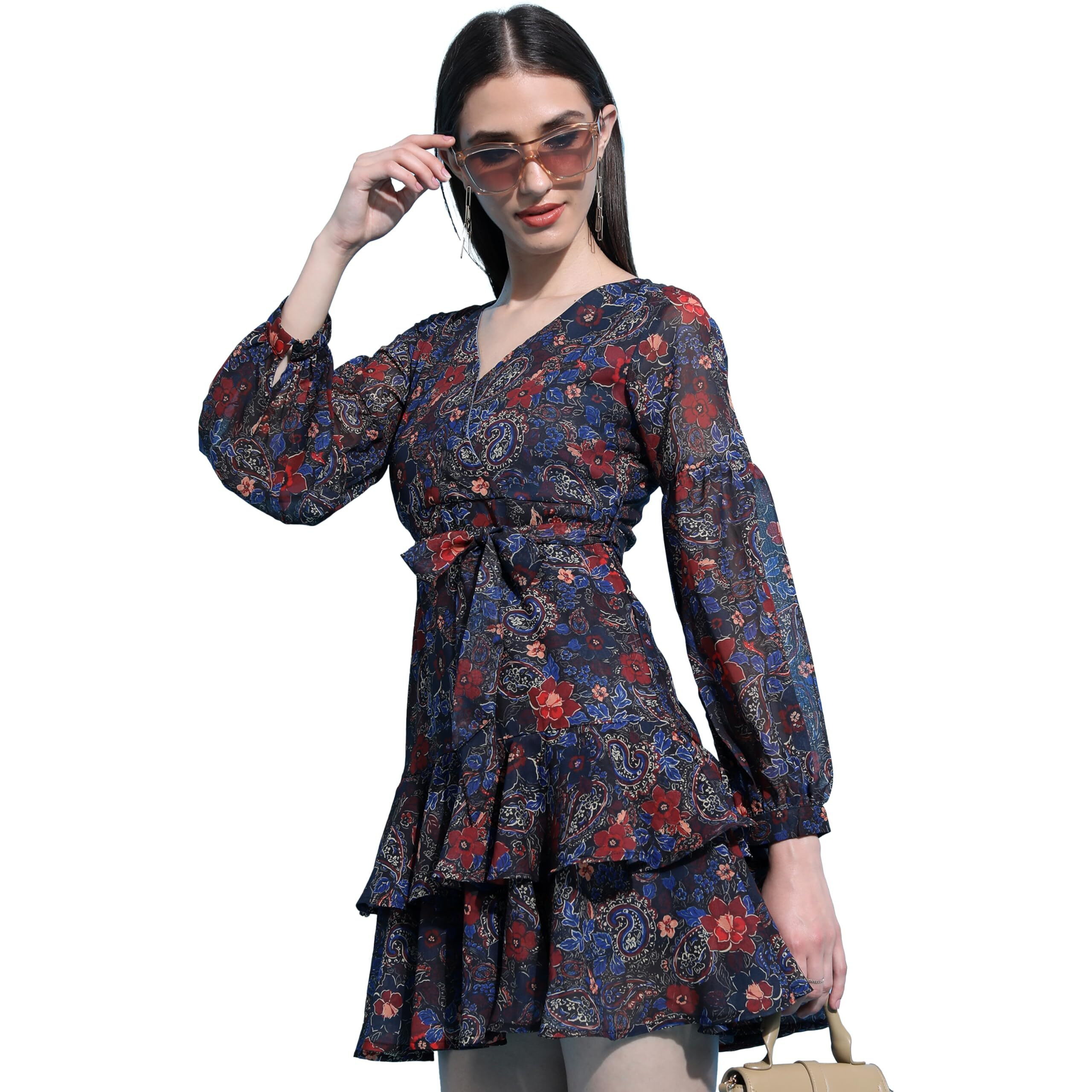 Ketch Women's Polyester Wrap Mini Dress (Khj6000300_Multi Color