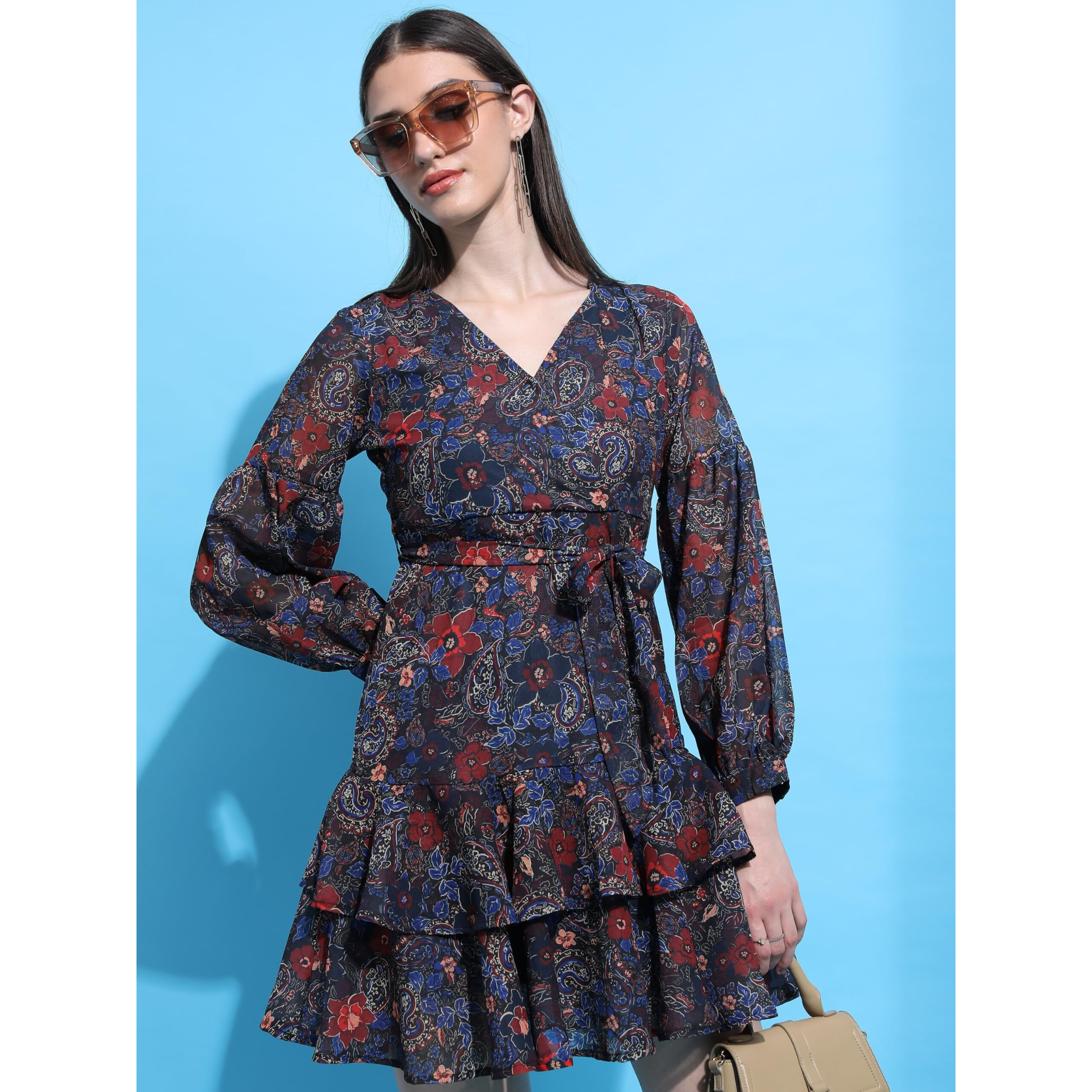 Ketch Women's Polyester Wrap Mini Dress (Khj6000300_Multi Color