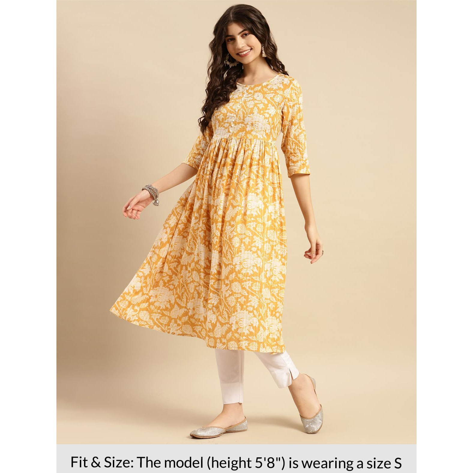 Rangita Mustard Cotton Calf Length Printed Flared Kurti For Women | Kurta For Women_Xl