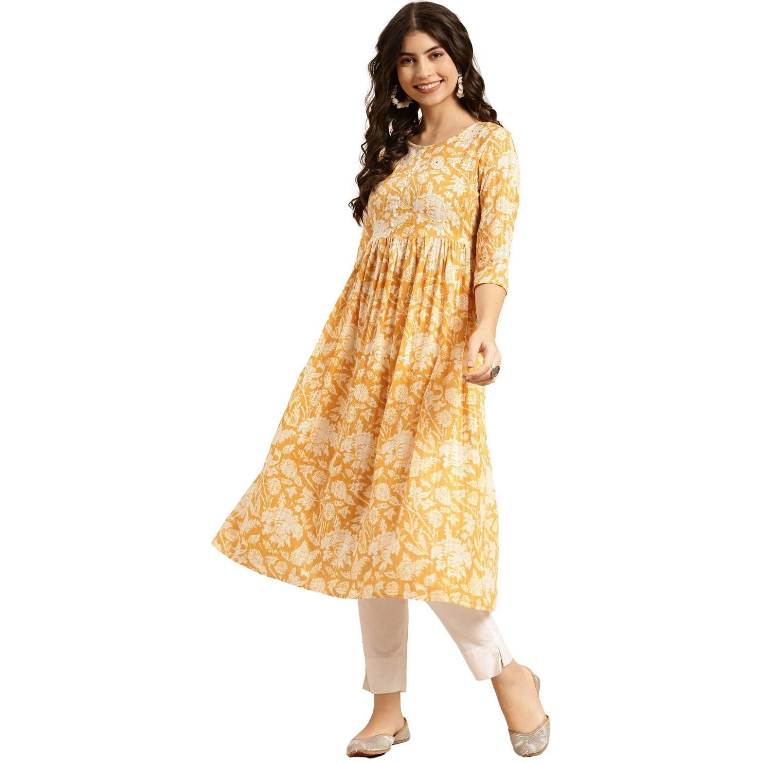 Rangita Mustard Cotton Calf Length Printed Flared Kurti For Women | Kurta For Women_4Xl